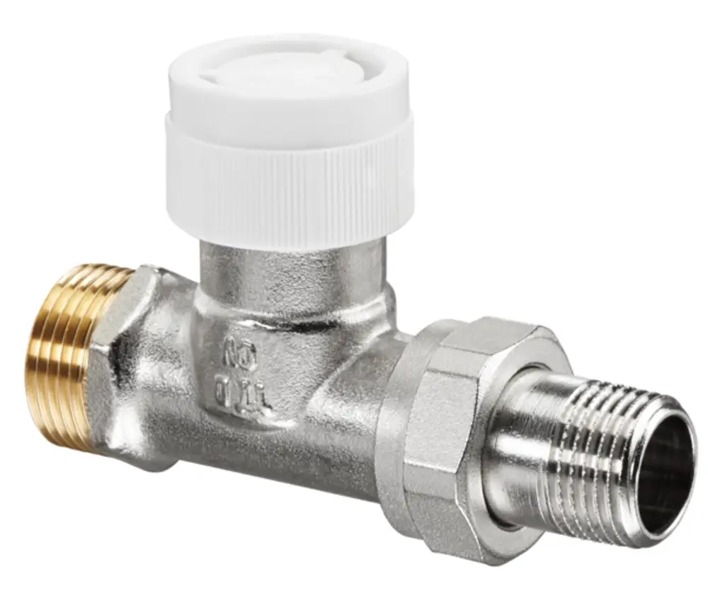 Thermostatventil von Oventrop mit einem runden, weißen Drehknopf, einem seitlichen Anschluss und einem Metallkörper mit verschiedenen Gewindearten.